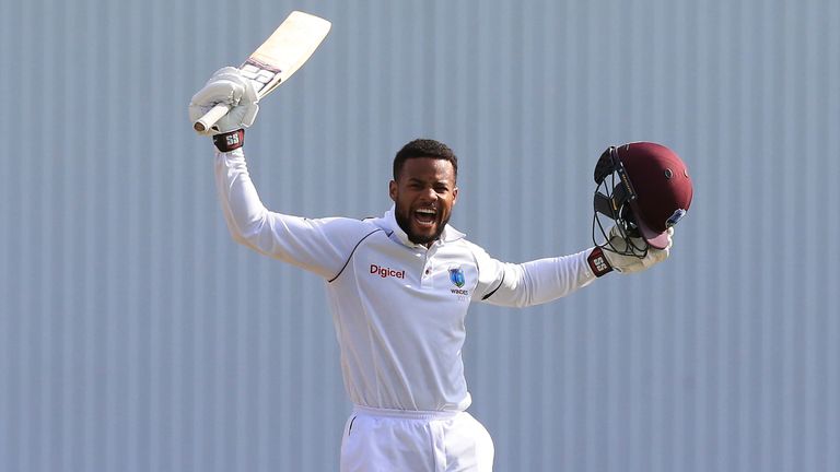 West Indies batsman Shai Hope celebrates his century on the second day of the second international Test match between England and the West Indies at Headin