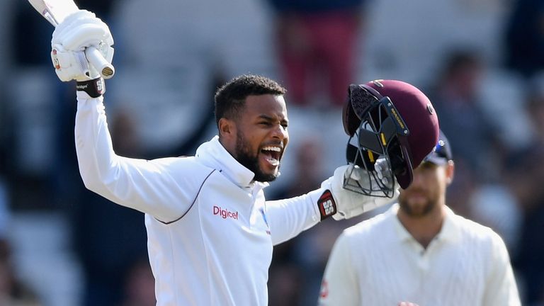 Shai Hope celebrates reaching his maiden Test century