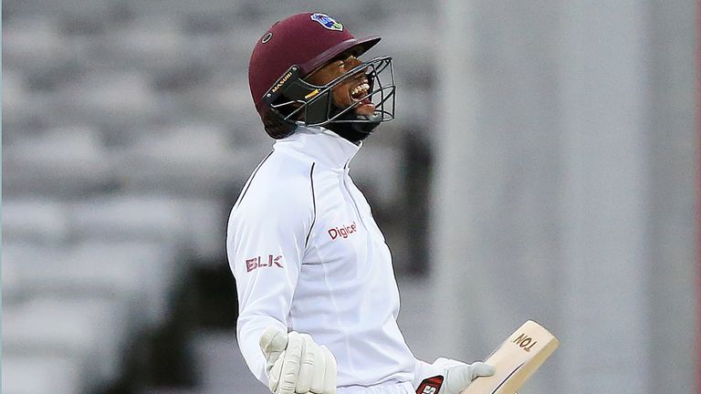 West Indies' Shai Hope reacts after winning the second international Test match between England and the West Indies, on the fifth day at Headingley cricket