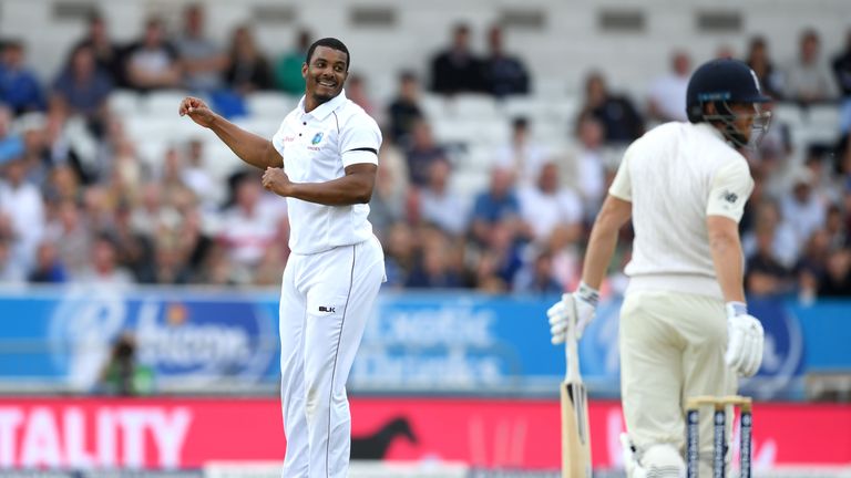 Shannon Gabriel of the West Indies celebrates dismissing Jonathan Bairstow