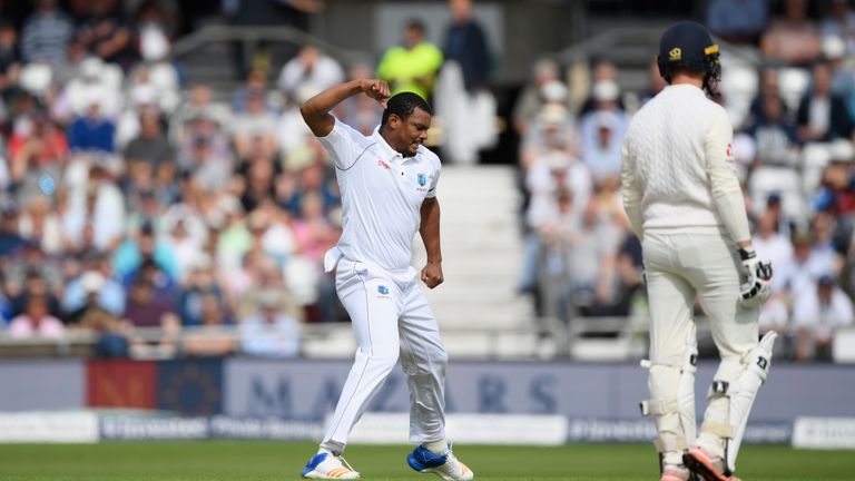 West Indies bowler Shannon Gabriel celebrates after dismissing England batsman Alastair Cook during day one of the 2nd Test