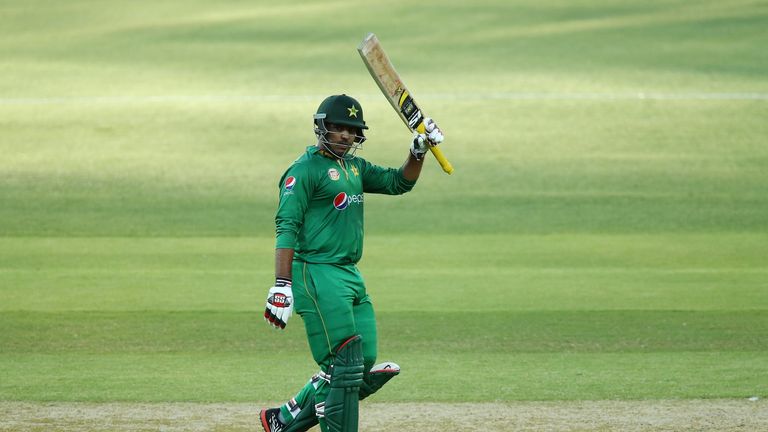 Sharjeel Khan of Pakistan celebrates a half-century