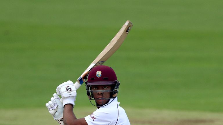 CANTERBURY, ENGLAND - AUGUST 08: Shimron Hetmyer of West Indies hits out during day 3 of the match between Kent and West Indies at The Spitfire Ground on A