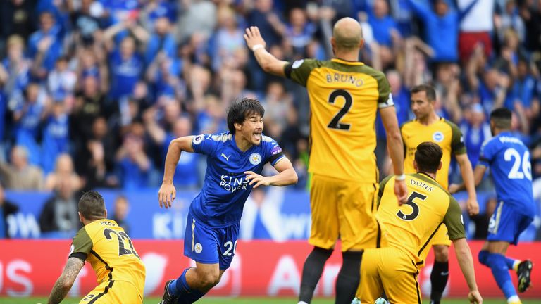 Shinji Okazaki celebrates his early first half goal against Brighton