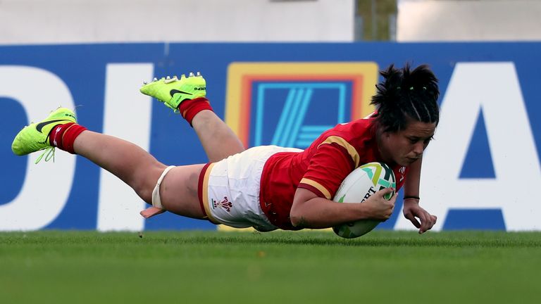 Wales' Sioned Harries scores a try during the 2017 Women's Rugby World Cup, Pool A match at UCD Bowl, Dublin.