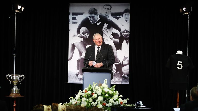 TE KUITI, NEW ZEALAND - AUGUST 28 2017:  Sir Brian Lochore speaks during the Funeral Service for Sir Colin Meads on August 28, 2017 in Te Kuiti