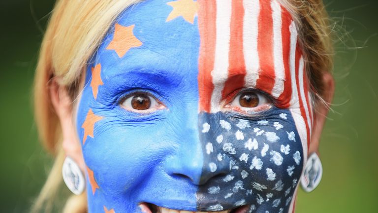 ST LEON-ROT, GERMANY - SEPTEMBER 20:  A face painted golf fan looks on during the singles matches of The Solheim Cup at St Leon-Rot Golf Club on September 
