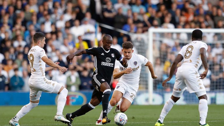 Fulham's Sone Aluko runs at the Leeds defence during the Sky Bet Championship match at Elland Road
