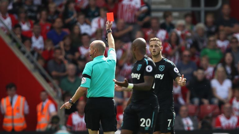 Marko Arnautovic of West Ham is shown a red card by referee Lee Mason during the Premier League match against Southampton.