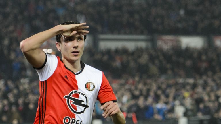 Feyenoord Rotterdam's Steven Berghuis celebrates after scoring a goal during the Eredivisie match against Vitesse Arnhem on December 17, 2016