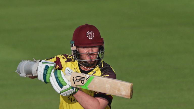 CANTERBURY, ENGLAND - JULY 27: Steven Davies of Somerset hits a boundary during the NatWest T20 Blast South Group match at The Spitfire Ground on July 27, 