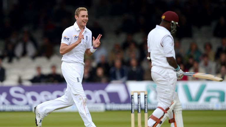 Stuart Broad of England celebrates dismissing Fidel Edwards of West Indies during day one of the first Test