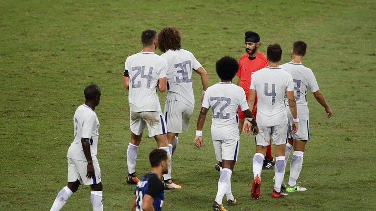 SINGAPORE - JULY 29: David Luiz of Chelsea FC (No. 30) argues with the referee after conceding a disputed penalty call during the International Champions C