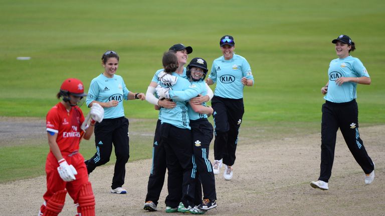  Surrey Stars players celebrate after winning the Kia Super League 2017 match against Lancashire Thunder