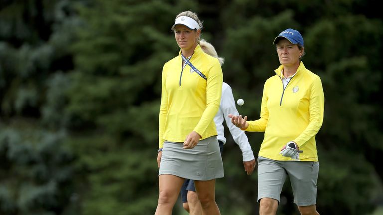 Suzann Pettersen and Catriona Matthew during practice for the 2017 Solheim Cup 