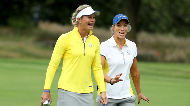 Suzann Pettersen jokes with Mel Reid despite being unable to practice on Tuesday