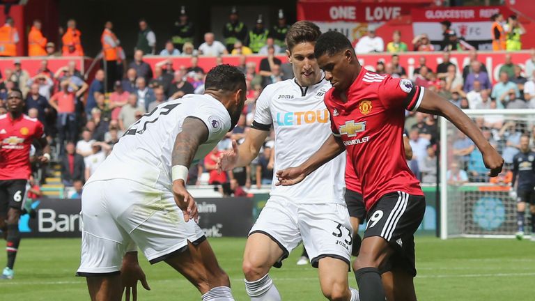 during the Premier League match between Swansea City and Manchester United at Liberty Stadium on August 19, 2017 in Swansea, Wales.