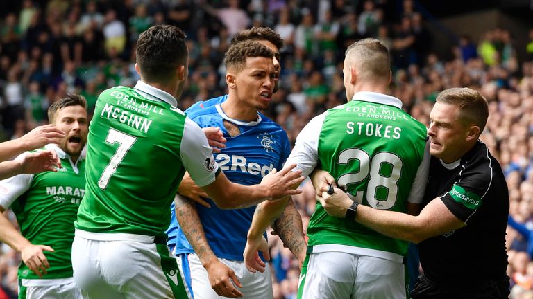 Rangers' James Tavernier clashes with Hibs' Anthony Stokes in the controversial match