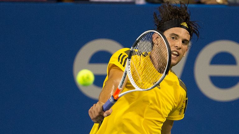 Dominic Thiem of Austria competes against Henri Laaksonen of Switzerland