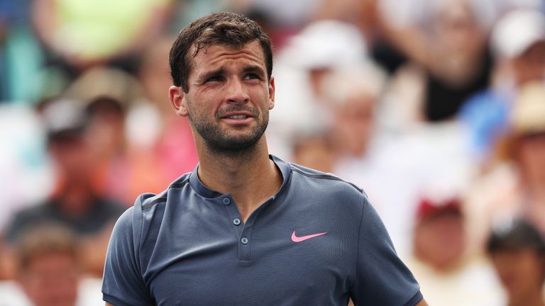 Grigor Dimitrov of Bulgaria reacts against Andrey Rublev of Russia  during their second round Men's Singles match on Day Four of the US Open