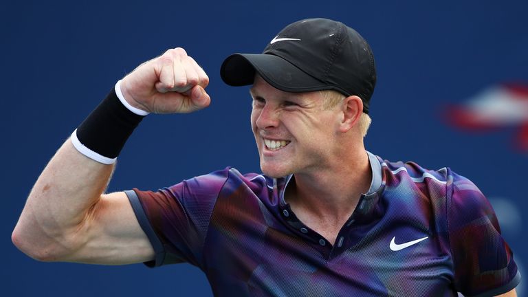 Kyle Edmund of Great Britain celebrates defeating  Robin Haase of the Netherlands in his first round