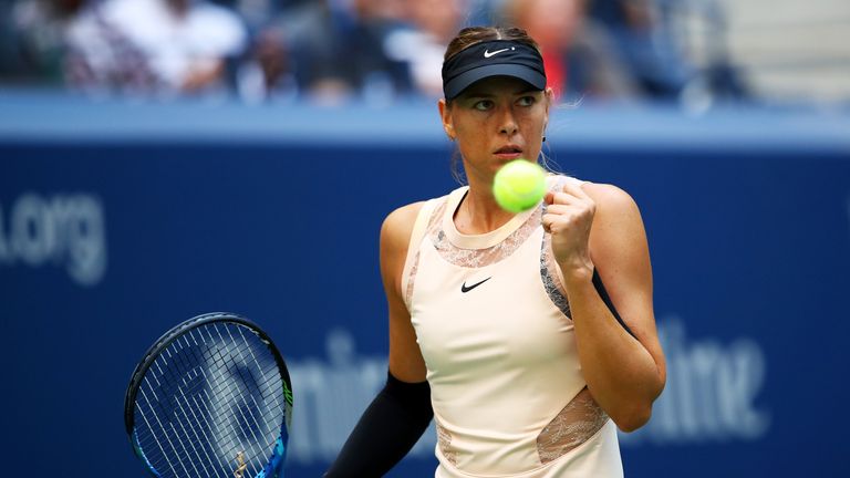 Maria Sharapova of Russia reacts against Timea Babos of Hungary during their second round Women's Singles match on Day Three of the US Open