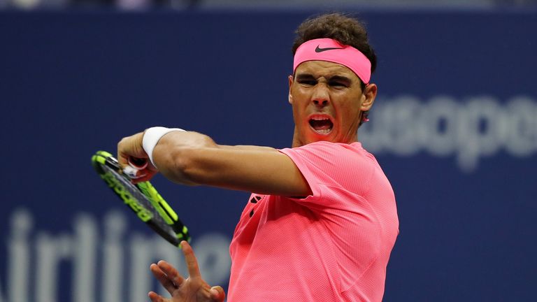 Rafael Nadal of Spain returns a shot against Dusan Lajovic of Serbia in their Men's Singles first round on Day Two of the US Open