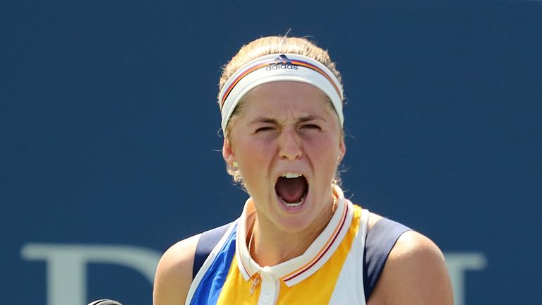 Jelena Ostapenko of Latvia reacts against Sorana Cirstea of Romania during their second round Women's Singles match at US Open