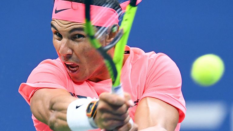 Rafael Nadal in action during his 2017 US Open Men's Singles match against Dusan Lajovic