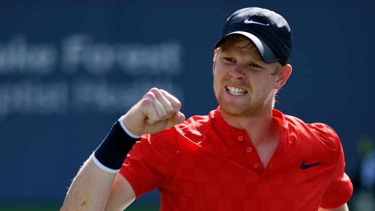 Kyle Edmund of Great Britain reacts after a point against Steve Johnson during their quarterfinals match of the Winston-Salem Open