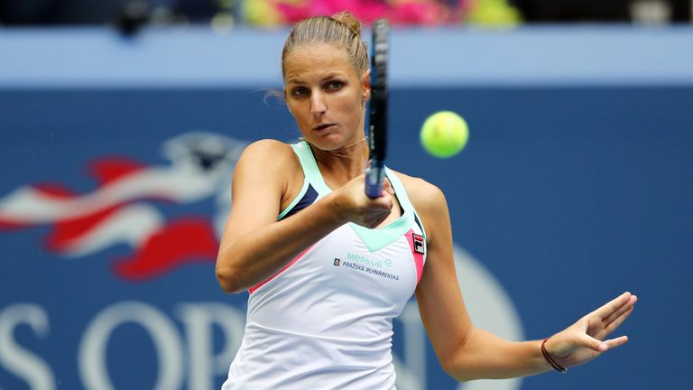 Karolina Pliskova in action during her singles match against Magda Linette at the US Open