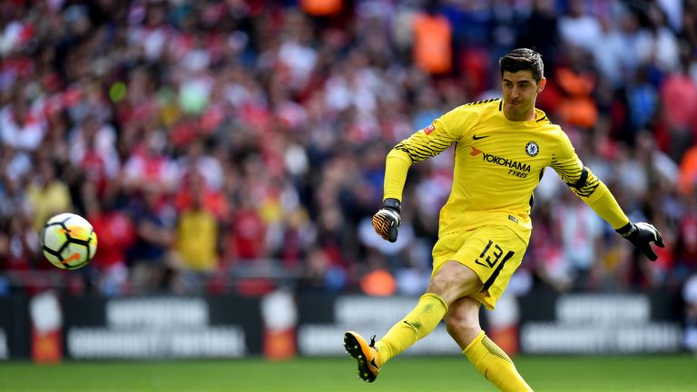 LONDON, ENGLAND - AUGUST 06: Thibaut Courtois of Chelsea misses his sides second penalty in the penalty shoot out during the The FA Community Shield final 