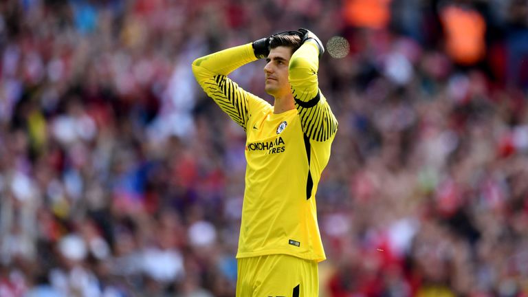 Thibaut Courtois of Chelea  reacts to missing his sides second penalty during the The FA Community Shield final between Chels