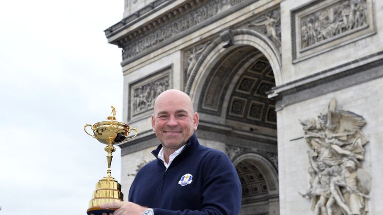 PARIS, FRANCE - FEBRUARY 22: Thomas Bjorn, European Captain for the 2018 Ryder Cup in France, poses with the Ryder Cup Trophy in front of the Arc De Triomp