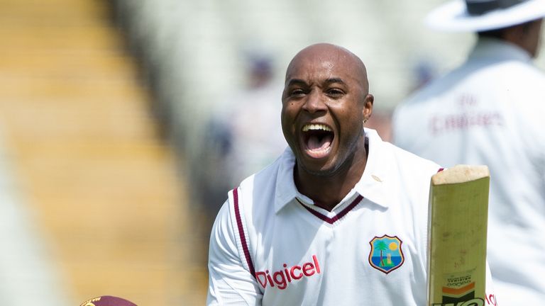 West Indies Tino Best celebrates after reaching 50 runs during the fourth day of the third Test match between England and West Indies at Edgbaston