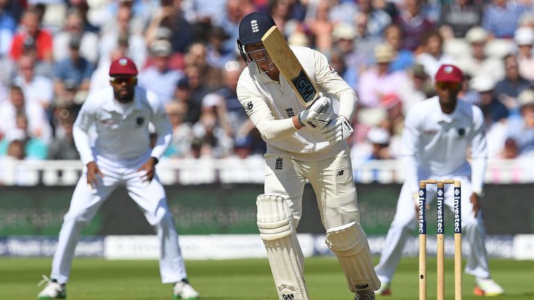 England's Tom Westley plays a shot on the first day of the first Test cricket match between England and the West Indies at Edgbaston in Birmingham, central