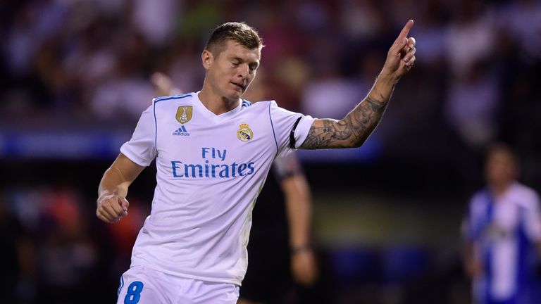 Real Madrid's German midfielder Toni Kroos celebrates after scoring during the Spanish league footbal match RC Deportivo de la Coruna vs Real Madrid CF at 