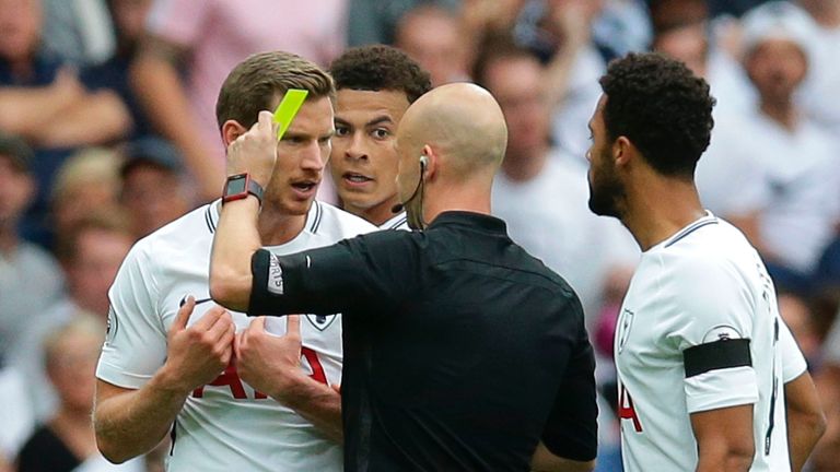 Jan Vertonghen receives a yellow card in the match against Chelsea at Wembley
