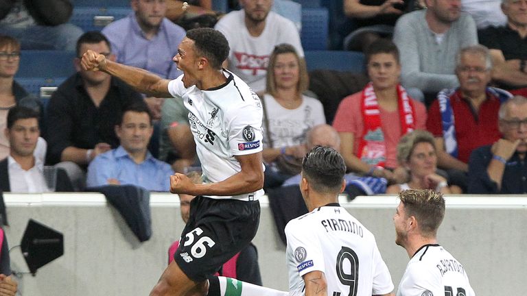 Trent Alexander-Arnold celebrates after opening the scoring against Hoffenheim