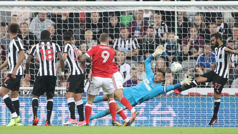 Nottingham Forest's Tyler Walker (obscured) scores his side's third goal of the game during the Carabao Cup, Second Round match at Newcastle United
