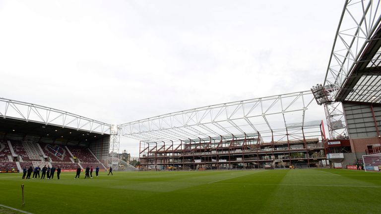 EDINBURGH, SCOTLAND - JULY 14: The under construction main stand at Tynecastle the pre season friendly between Hearts and Newcastle on July 14, 2017 in Edi