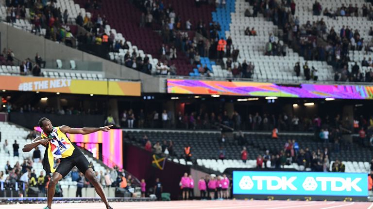 Jamaica's Usain Bolt poses after taking third in the final of the men's 100m athletics event at the 2017 IAAF World Championships at the London Stadium in 
