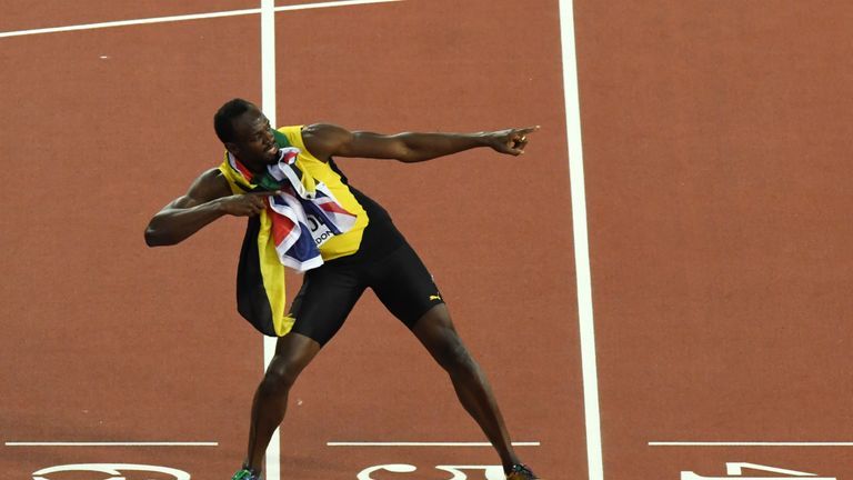 Jamaica's Usain Bolt poses after taking the third place in the men's 100m athletics event at the 2017 IAAF World Championships at the London Stadium in Lon