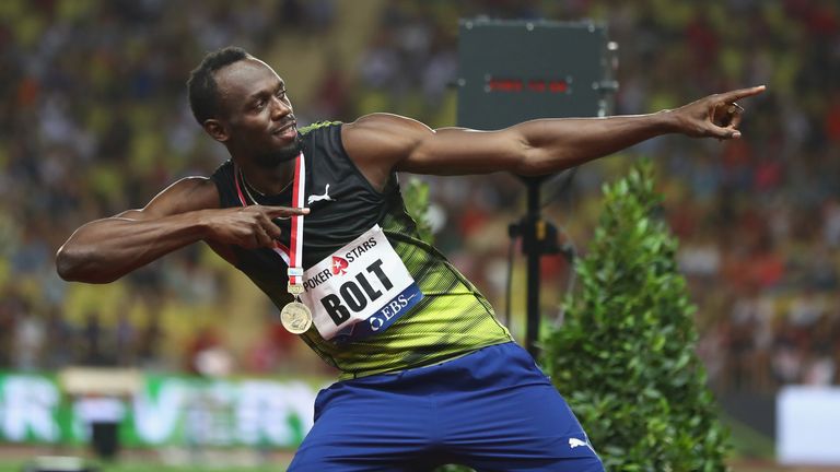 MONACO - JULY 21:  Usain Bolt  of Jamaica in familiar pose after victory in the men's 100m during the IAAF Diamond League Meeting Herculis on July 21, 2017