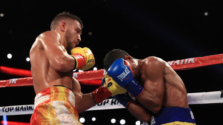 LOS ANGELES, CA - AUGUST 05:  Vasyl Lomachenko (L) of Ukraine exchanges punches with  Miguel Marriaga of Columbia at during their WBO World Championship Ju