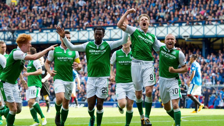 Hibernian's Vykintas Slivka (second from right) celebrates his goal against Rangers