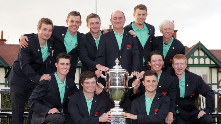 LYTHAM ST ANNES, ENGLAND - SEPTEMBER 13:  The Great Britain and Ireland Walker Cup Team celebrate their victory with the trophy during day two the 2015 Wal