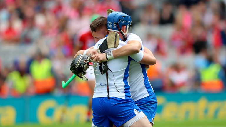 Waterford's Austin Gleeson celebrates with Maurice Shanahan at the final whistle