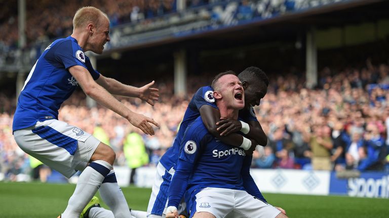 Wayne Rooney celebrates after scoring the winner on his Premier League return to Everton