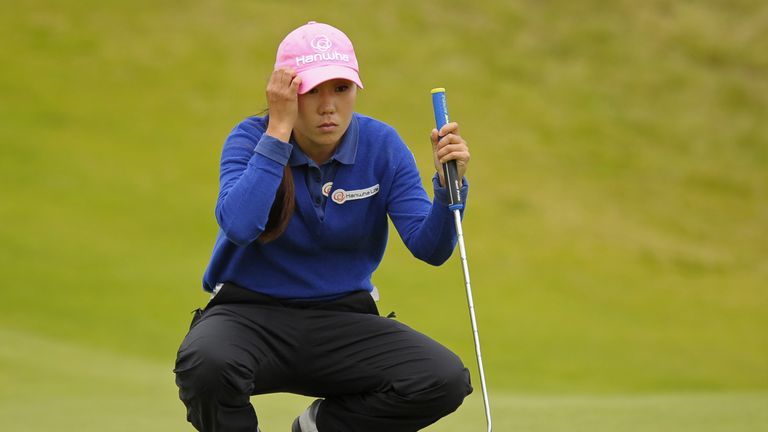 Korea's In-Kyung Kim lines up her putt on the 4th green during her final round on day 4 of the 2017 Women's British Open Golf Championship at Kingsbarns Go